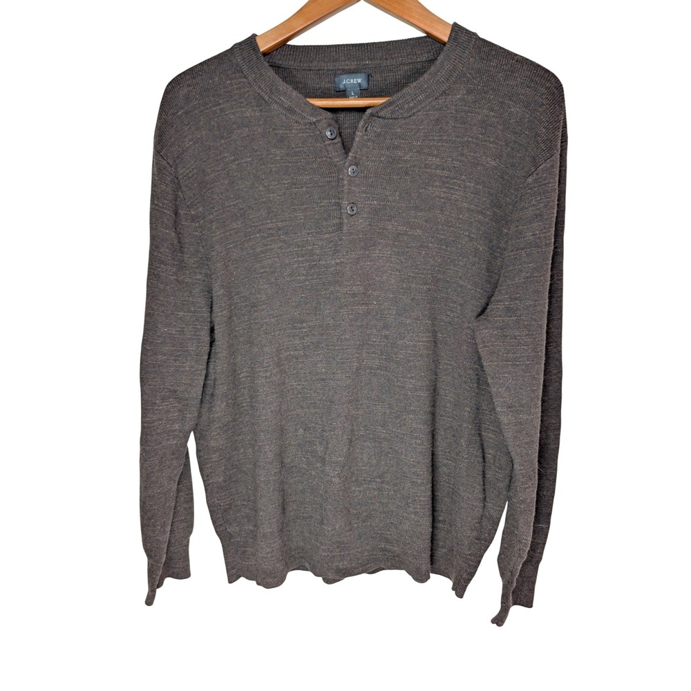 J.Crew Mens Henley Sweater Large Brown Marled‎ Knit Long Sleeve Button Neck L